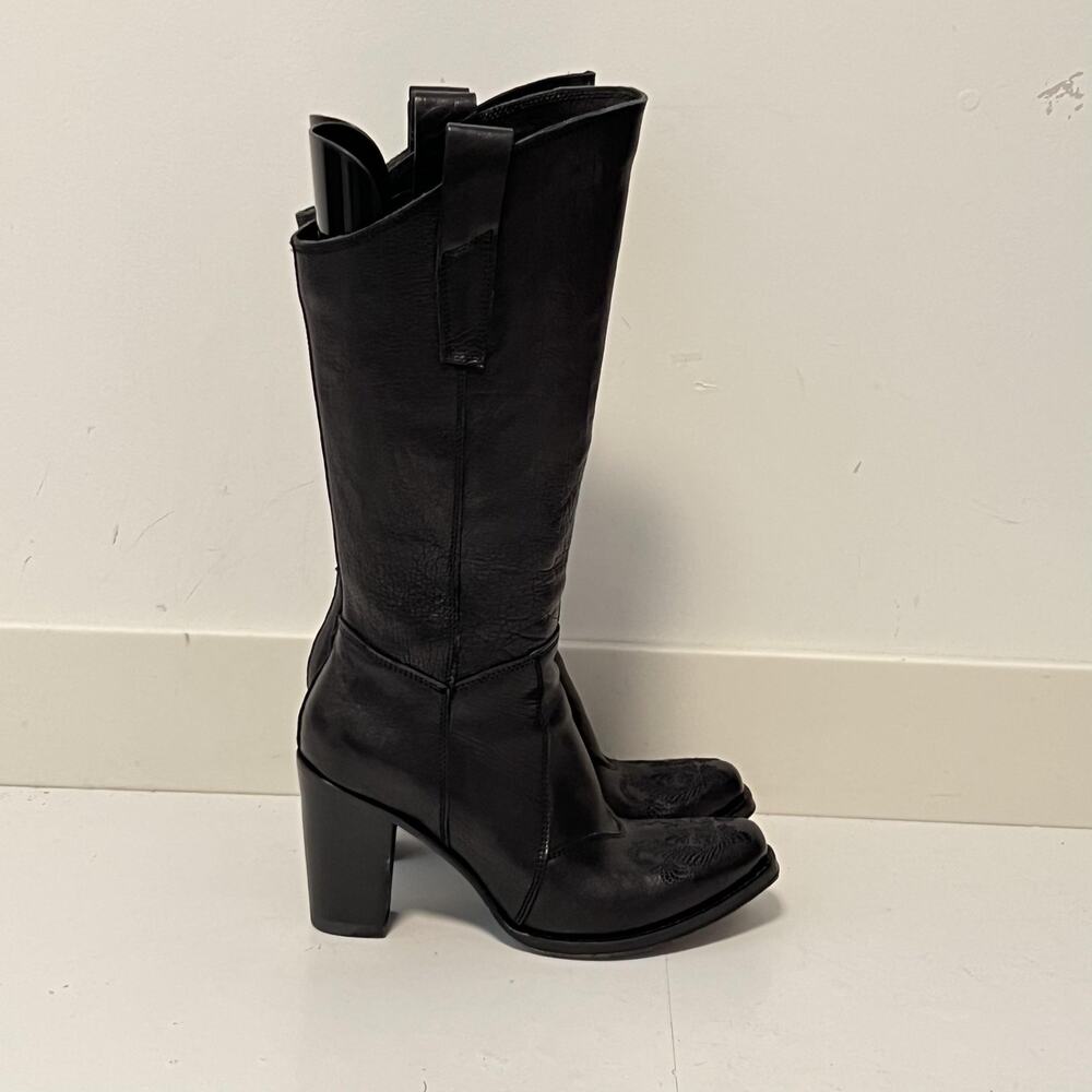 Gianni Barbato Boots Womens 7.5 Black Leather Western Knee High Emroidered Shoes